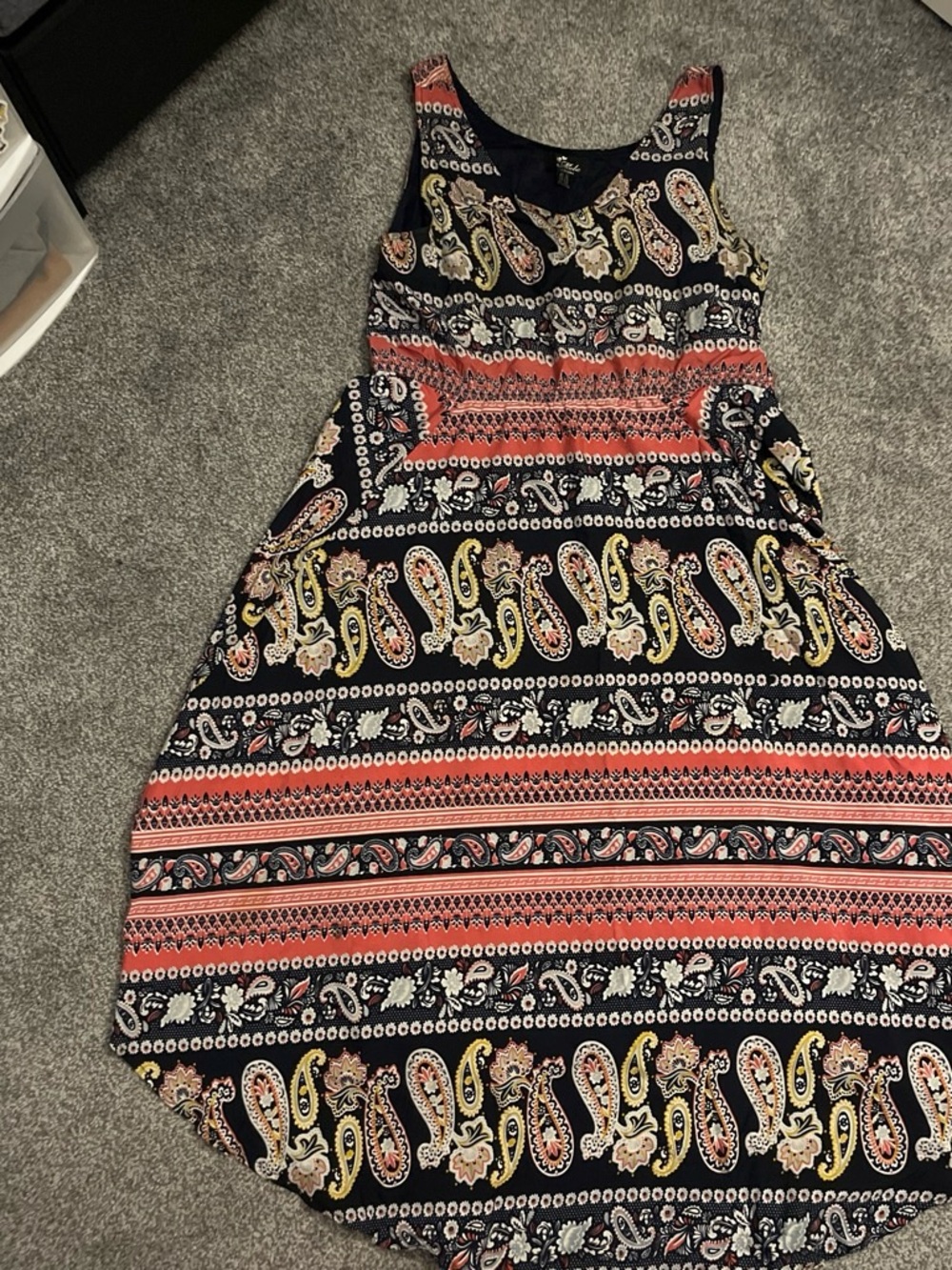 Navy Paisley Maxi Dress with Coral and Yellow Accents